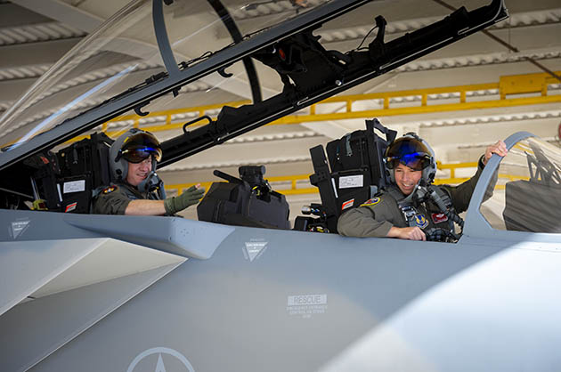 U.S. Air Force pilots Lt. Col. Chris “Bluce” Wee and Maj. Brett “Spear” Hughes in F-15EX cockpit